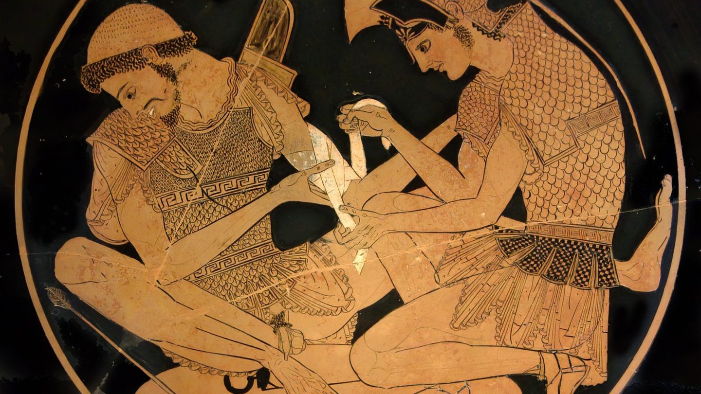 Achilles bandaging Patroclus's wounded arm, tondo of an Attic red-figure kylix signed by the potter Sosias, c. 500 BC, Antikensammlung Berlin.