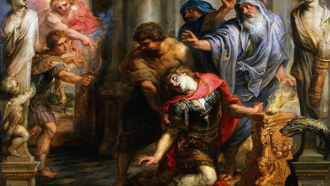 The Death of Achilles, oil modello by Peter Paul Rubens, circa 1635, showing Paris's arrow striking Achilles as a companion moves to catch him. Courtauld Institute of Art.