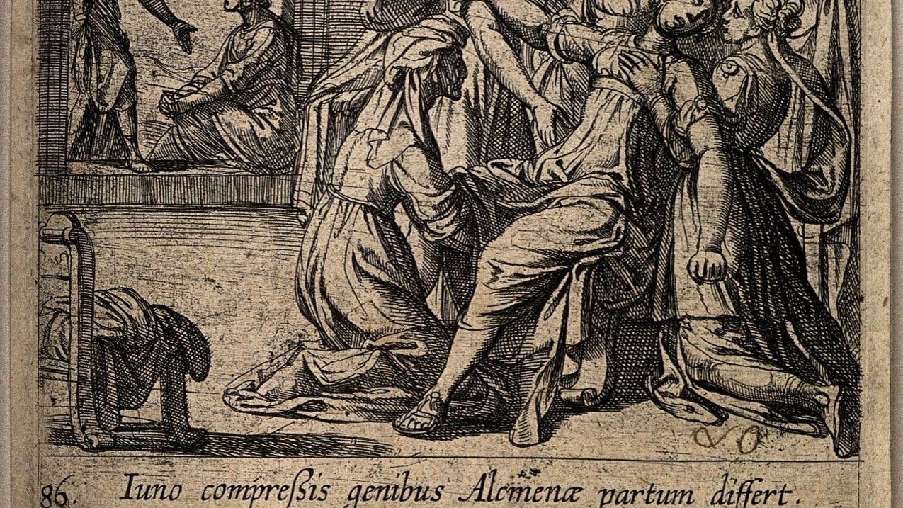 A 17th-century engraving titled "Alcmene giving birth to Hercules: Juno, jealous of the child", showing Alcmene's labor attended by figures while the goddess Juno looks on.