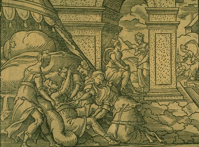 Alcmena's Labor, a 1581 engraving by Virgil Solis illustrating Book IX of Ovid's Metamorphoses, showing the difficult birth of Heracles.