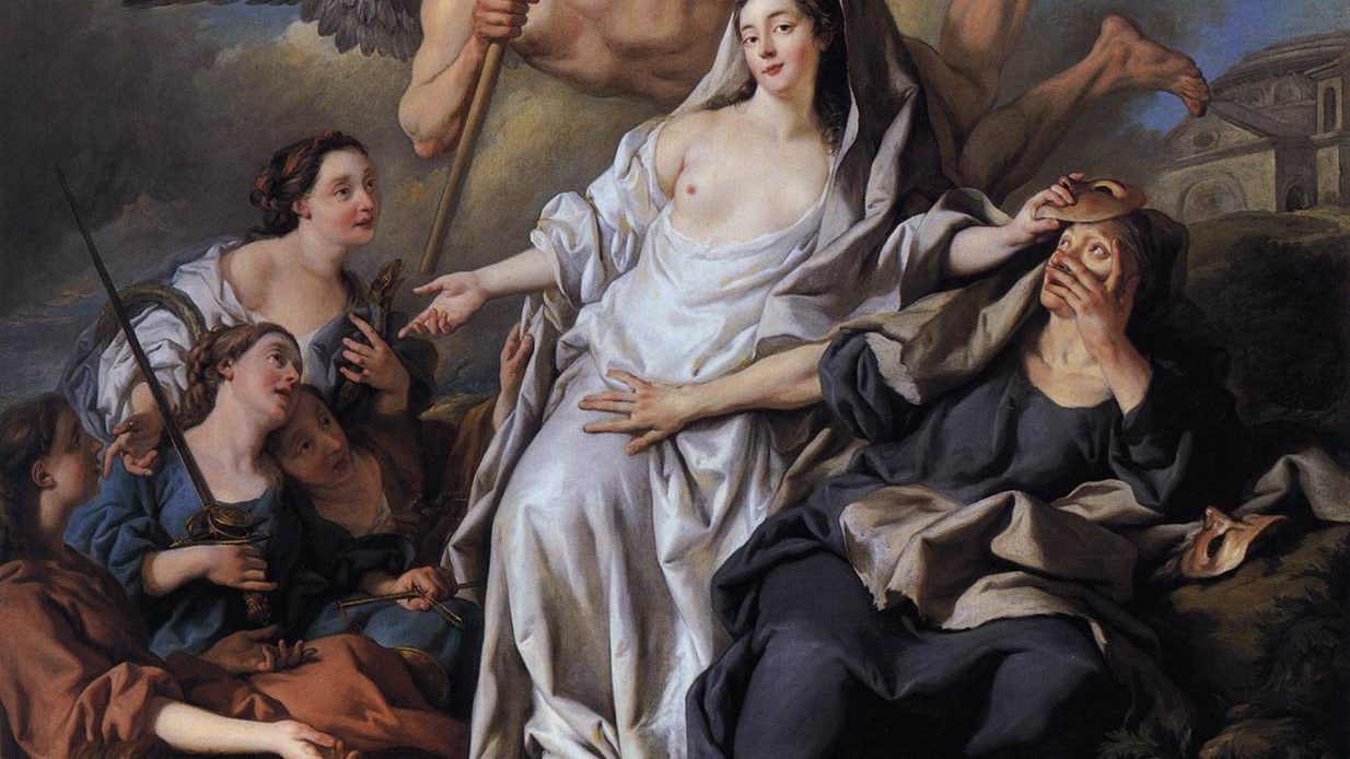 An Allegory of Time Unveiling Truth, a 1733 oil painting by Jean-François de Troy showing a winged figure of Time drawing back a veil from a reclining female figure of Truth.