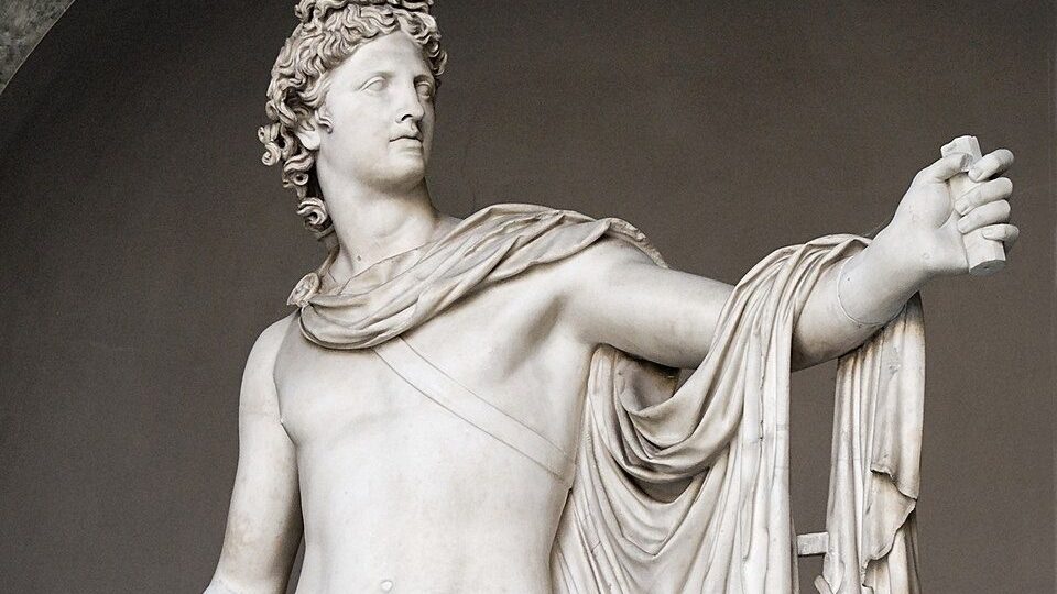 The Apollo Belvedere, a marble statue of Apollo in the Vatican Museums, a Roman copy of a lost Greek bronze original.
