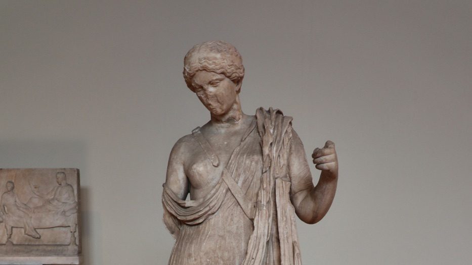 A Roman-era marble statue of Armed Aphrodite (Aphrodite Areia), 1st century AD copy of a 4th-century BC original by Polykleitos the Younger, found at the sanctuary of Asclepius in Epidaurus and now in the National Archaeological Museum of Athens.