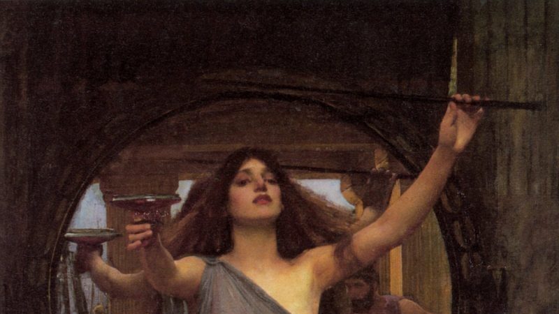 Circe Offering the Cup to Odysseus, oil on canvas by John William Waterhouse, 1891, showing the goddess extending a drugged cup toward Odysseus with her wand in her other hand and a lion prowling at her feet.