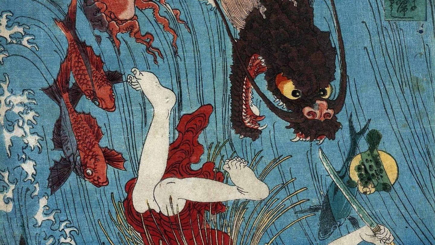Utagawa Kuniyoshi's 19th-century woodblock print of the pearl diver Tamatori fleeing the undersea palace of Ryujin, the dragon king of the sea in Japanese mythology, one of many different water deities across world mythology.
