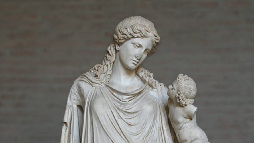 Roman marble copy of Kephisodotos's bronze statue of Eirene, the Greek goddess of peace, carrying the infant Ploutos, now in the Glyptothek, Munich.