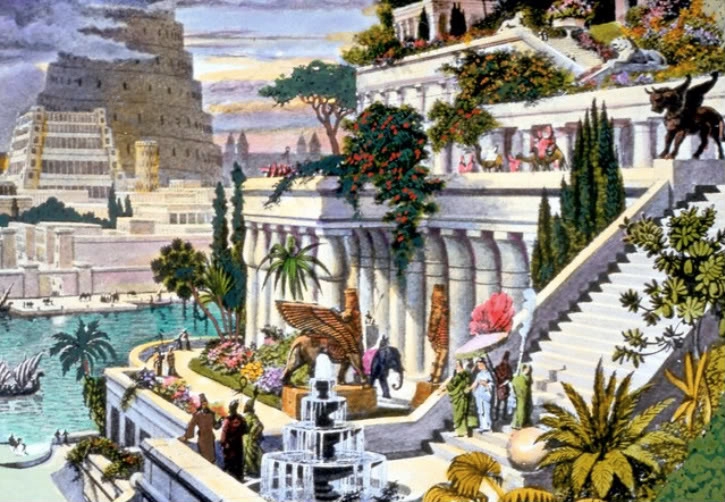 A 19th-century hand-colored engraving imagining the Hanging Gardens of Babylon as tiered, terraced greenery rising beside the Tower of Babel; this is an artist's later imagining, not a contemporary depiction, and no image of the actual gardens survives.