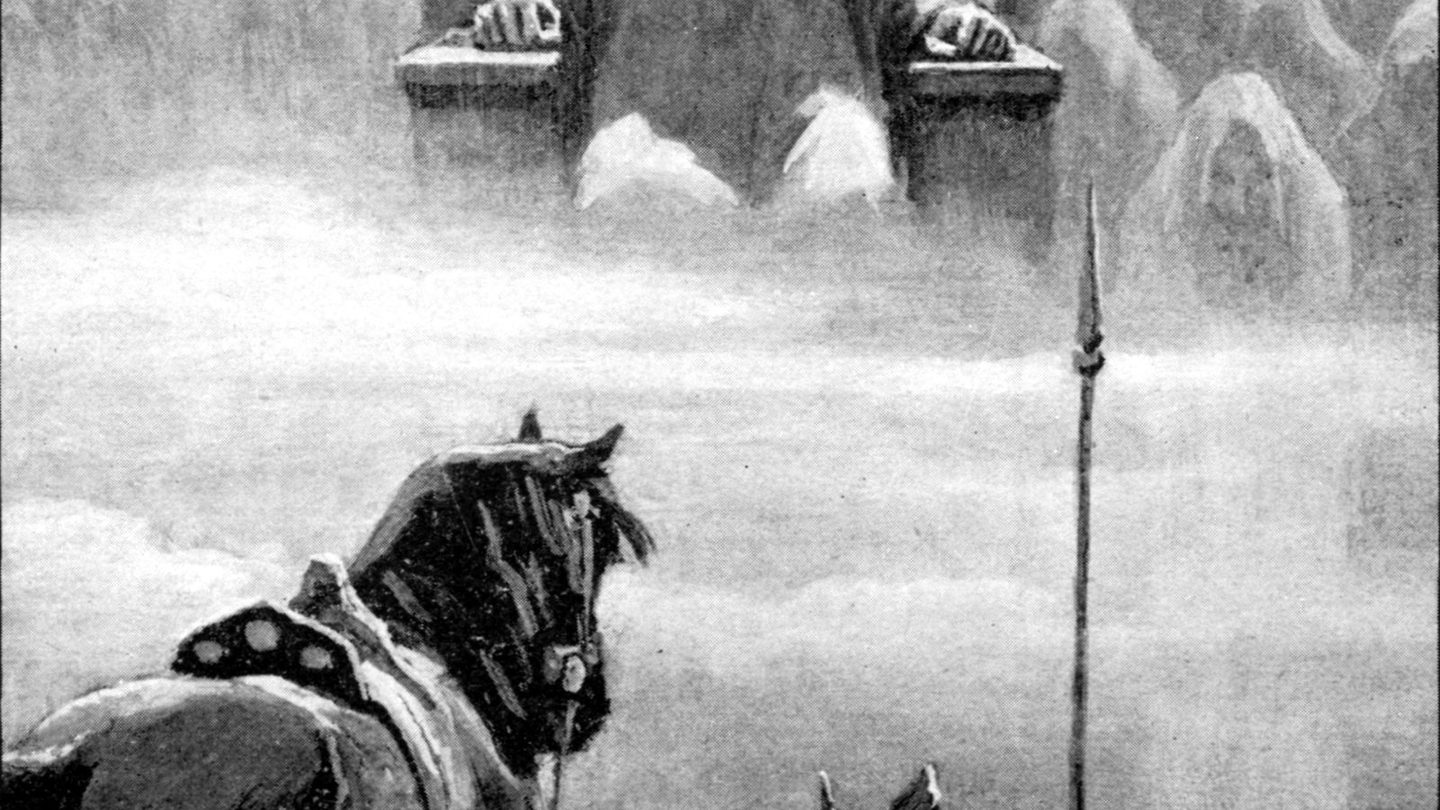 1909 painting by John Charles Dollman titled Hermod before Hela, showing Hermod kneeling before Hel enthroned in her underworld hall, with Baldr seated behind her.