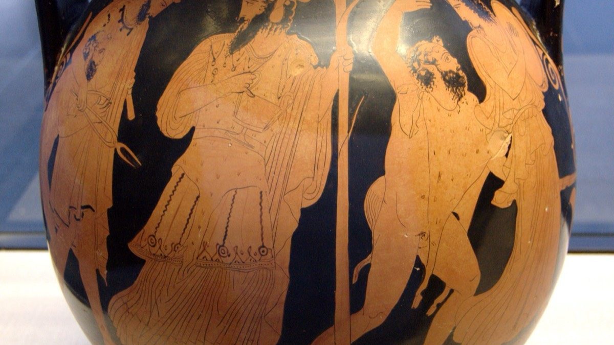 Attic red-figure pelike by the Kleophon Painter, circa 440-430 BC, showing the return of Hephaestus to Olympus riding a mule, led by Dionysus and his thiasos.