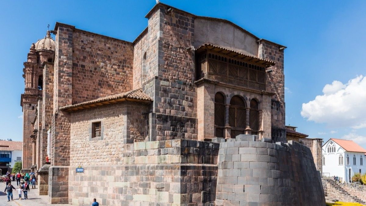 The Coricancha, the Inca Temple of the Sun in Cusco, Peru, showing the curved Inca stone masonry foundation with the colonial Santo Domingo convent built on top.