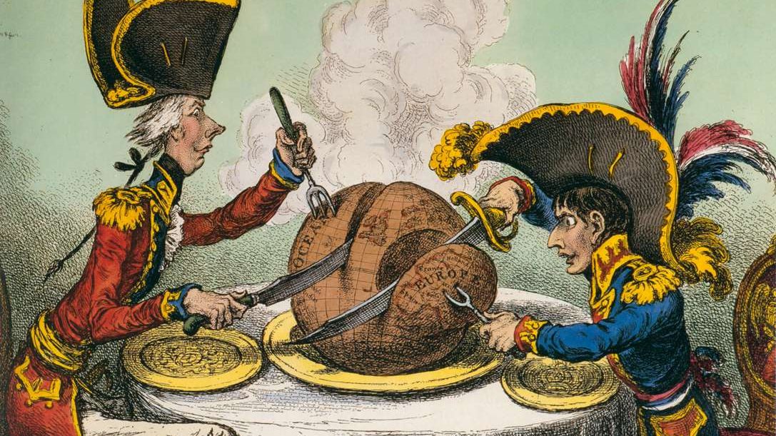 The Plum-Pudding in Danger, an 1805 hand-colored etching by James Gillray showing British Prime Minister William Pitt the Younger and Napoleon seated at a dining table, each carving a slice from a globe-shaped plum pudding with an oversized knife and fork, Napoleon drawn small and stocky beside the tall, thin Pitt.