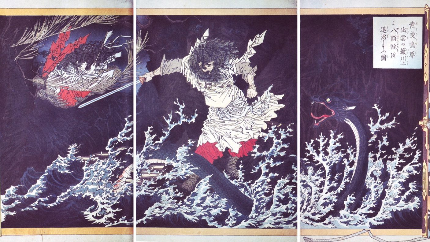Susanoo slaying the eight-headed serpent Yamata no Orochi, from Tsukioka Yoshitoshi's 1887 ukiyo-e triptych series A Brief History of Japan.