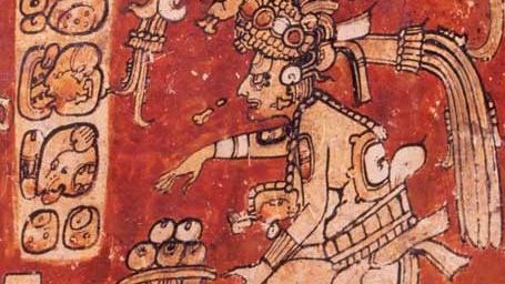 Maya god D, Itzamná, depicted on Classic period painted pottery reproduced in Francis Robicsek's The Maya Book of the Dead.