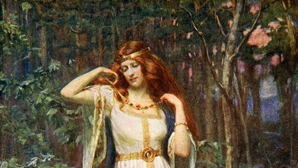 Freyja standing beside water lilies, painted by James Doyle Penrose in 1890, evoking the goddess's association with the necklace Brisingamen.