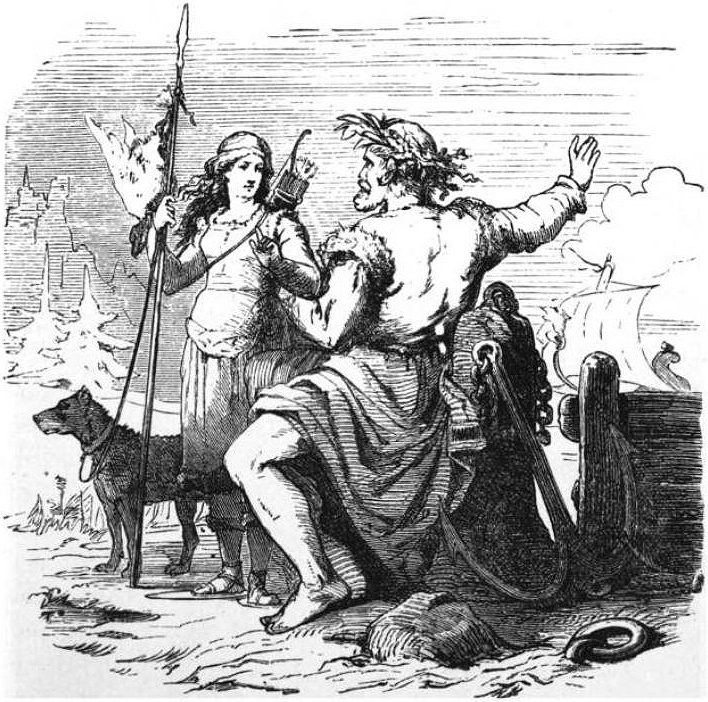 A 19th-century engraving by Friedrich Wilhelm Heine, after an original by Friedrich Wilhelm Engelhard, showing Njord and Skadi traveling together toward Noatun.