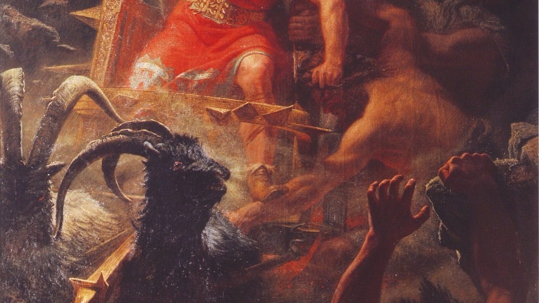Thor's Battle Against the Jotnar, an 1872 painting by Marten Eskil Winge showing Thor swinging his hammer at a crowd of giants in his goat-drawn chariot.