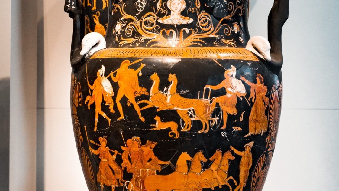 Apulian red-figure volute-krater by the Darius Painter, circa 350-340 BC, showing Hades and Persephone riding together in a four-horse chariot accompanied by Hermes, Hekate, and Demeter. Antikensammlung, Berlin.