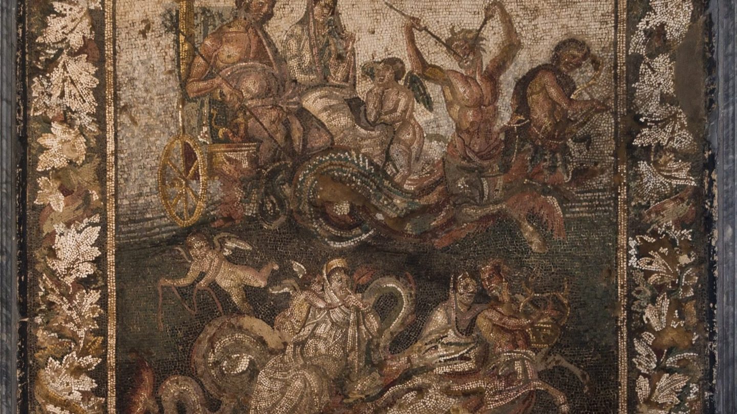 Roman mosaic from a house in Pompeii, 2nd century BC, showing Poseidon and Amphitrite riding a wedding chariot pulled by two Tritons, with a Nereid and a sea dragon in the lower register. Naples National Archaeological Museum, inventory 10007.