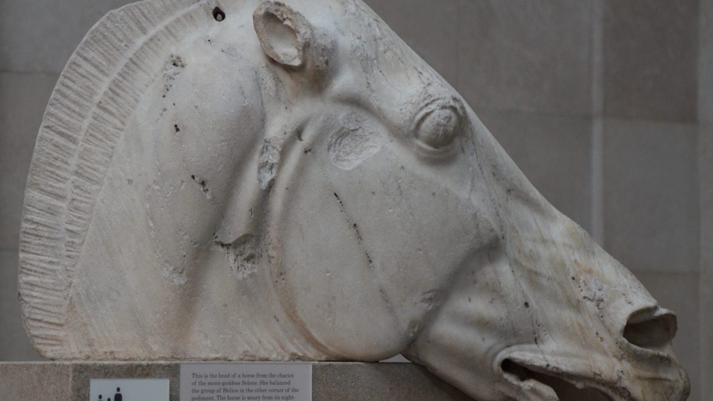 Marble head of one of the horses that pulled Selene's chariot, carved for the east pediment of the Parthenon around 438-432 BC, now in the British Museum.
