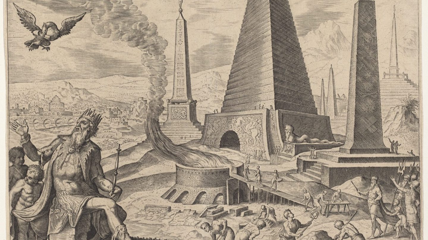 1572 engraving by Philip Galle after Maarten van Heemskerck depicting the Pyramids of Egypt, part of the Octo Mundi Miracula series, showing a seated allegorical king figure and laborers building a monument in the foreground with Roman-style obelisks in the background.