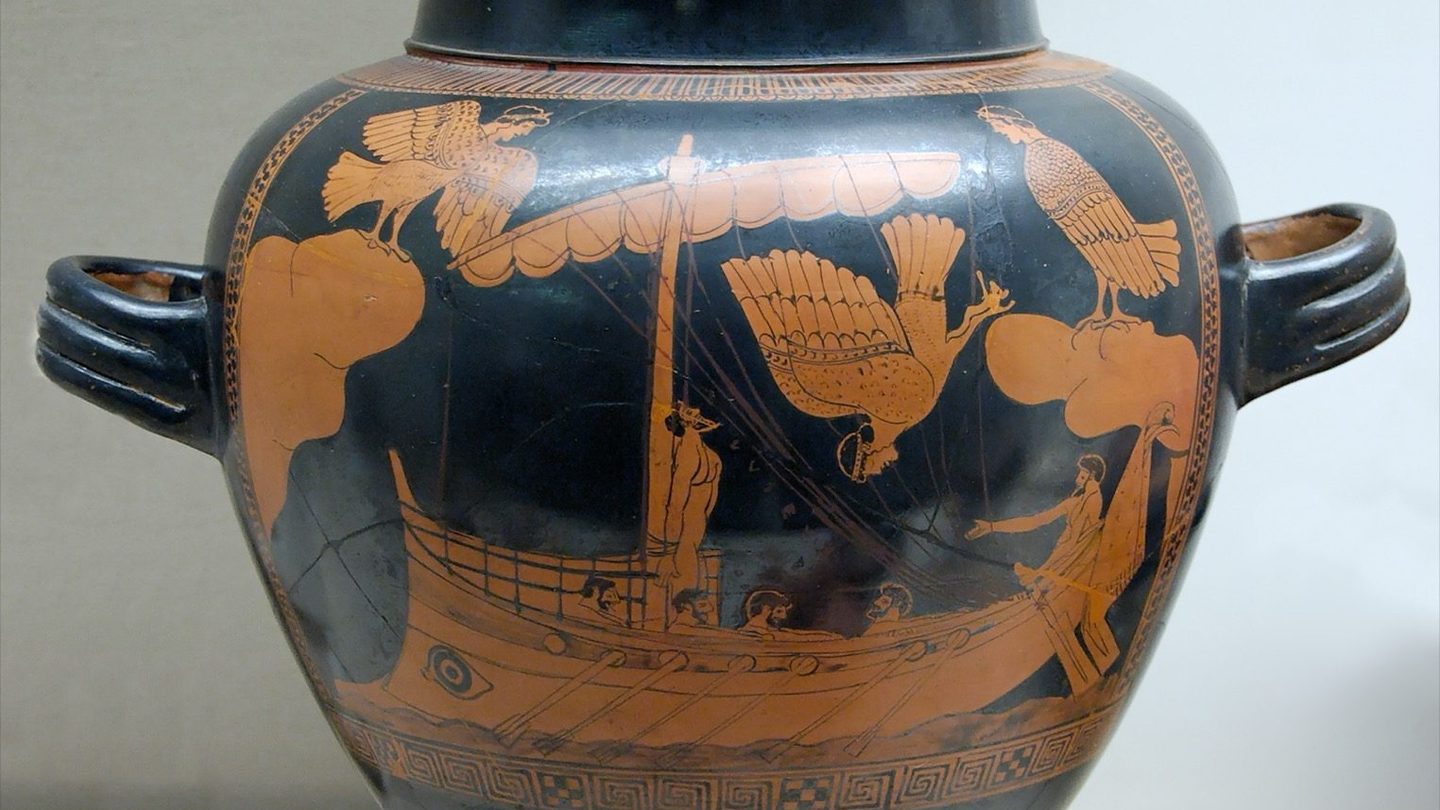 Odysseus and the Sirens, Attic red-figure stamnos by the Siren Painter, circa 480-470 BCE, showing bird-bodied Sirens perched around Odysseus's ship as he listens bound to the mast.