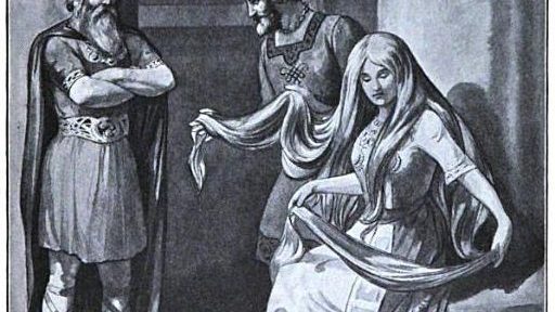 1910 illustration captioned "The Gold Hair that Loki Made," showing Loki presenting Thor with the newly forged golden hair for his wife Sif.