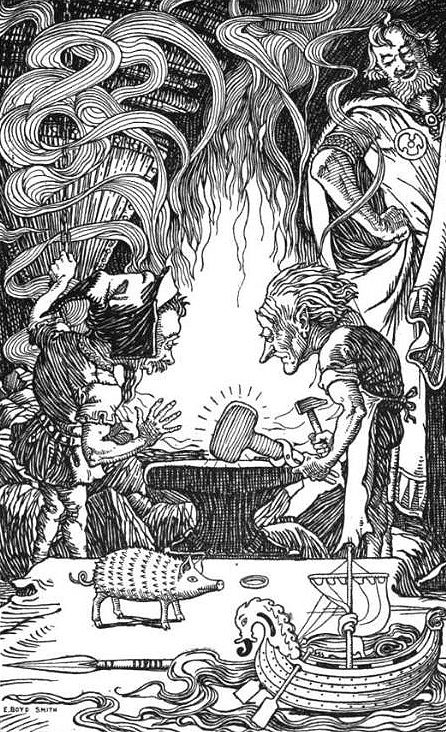 1902 illustration by Elmer Boyd Smith showing the dwarven sons of Ivaldi forging the hammer Mjolnir for Thor while Loki watches, with the ring Draupnir, the boar Gullinbursti, the ship Skidbladnir, the spear Gungnir, and Sif's golden hair already laid out on the table.