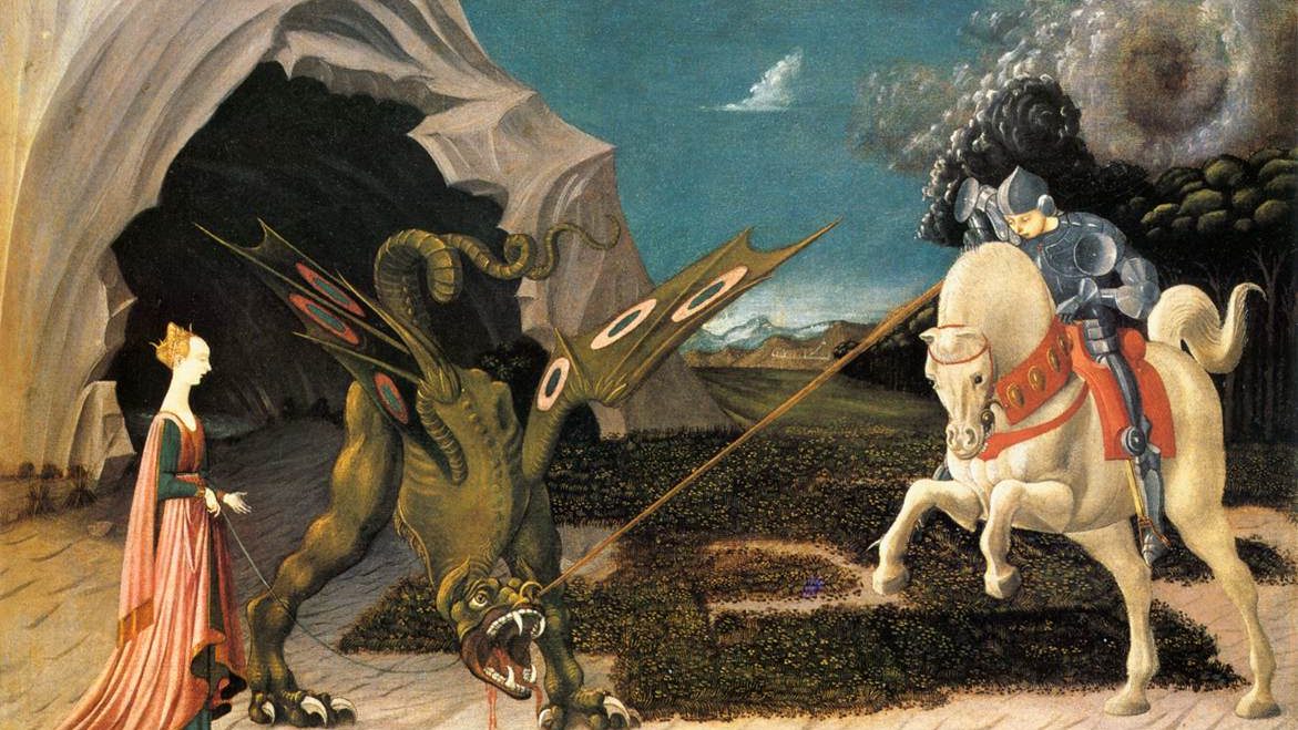 Paolo Uccello's Saint George and the Dragon, circa 1470, showing the saint on horseback spearing the dragon while the rescued princess stands beside it, National Gallery, London.