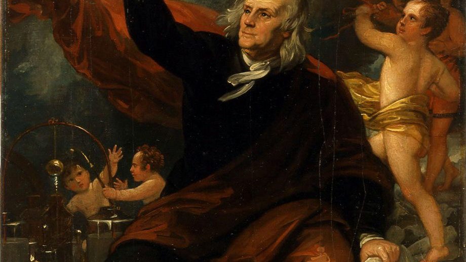 Benjamin West's circa 1816 painting Benjamin Franklin Drawing Electricity from the Sky, depicting Franklin's kite experiment with cherubs assisting.