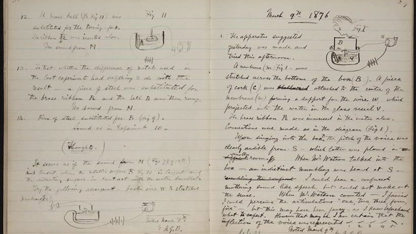 A page from Alexander Graham Bell's laboratory notebook dated March 9, 1876, recording handwritten notes and a diagram from an early telephone test using a liquid transmitter.