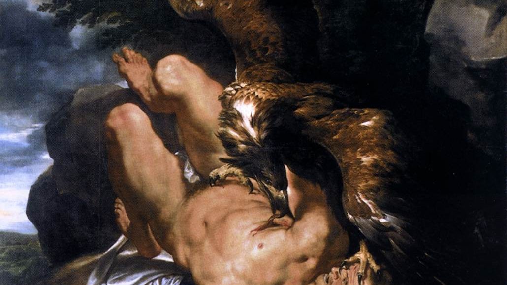 Rubens's painting of Prometheus chained to a rock while a large eagle tears at his body.
