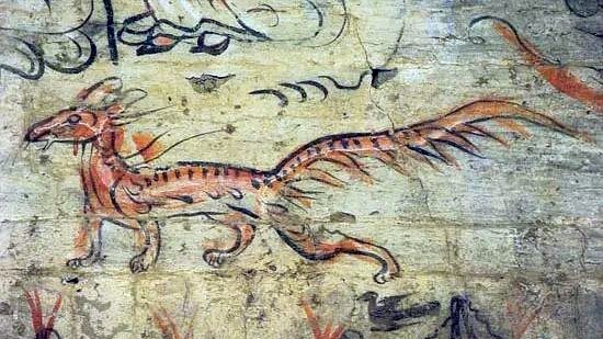 Late 4th- to mid-5th-century CE ceiling painting from Dingjiazha Tomb No. 5 near Jiuquan, Gansu province, showing a nine-tailed fox among celestial signs as an auspicious omen.